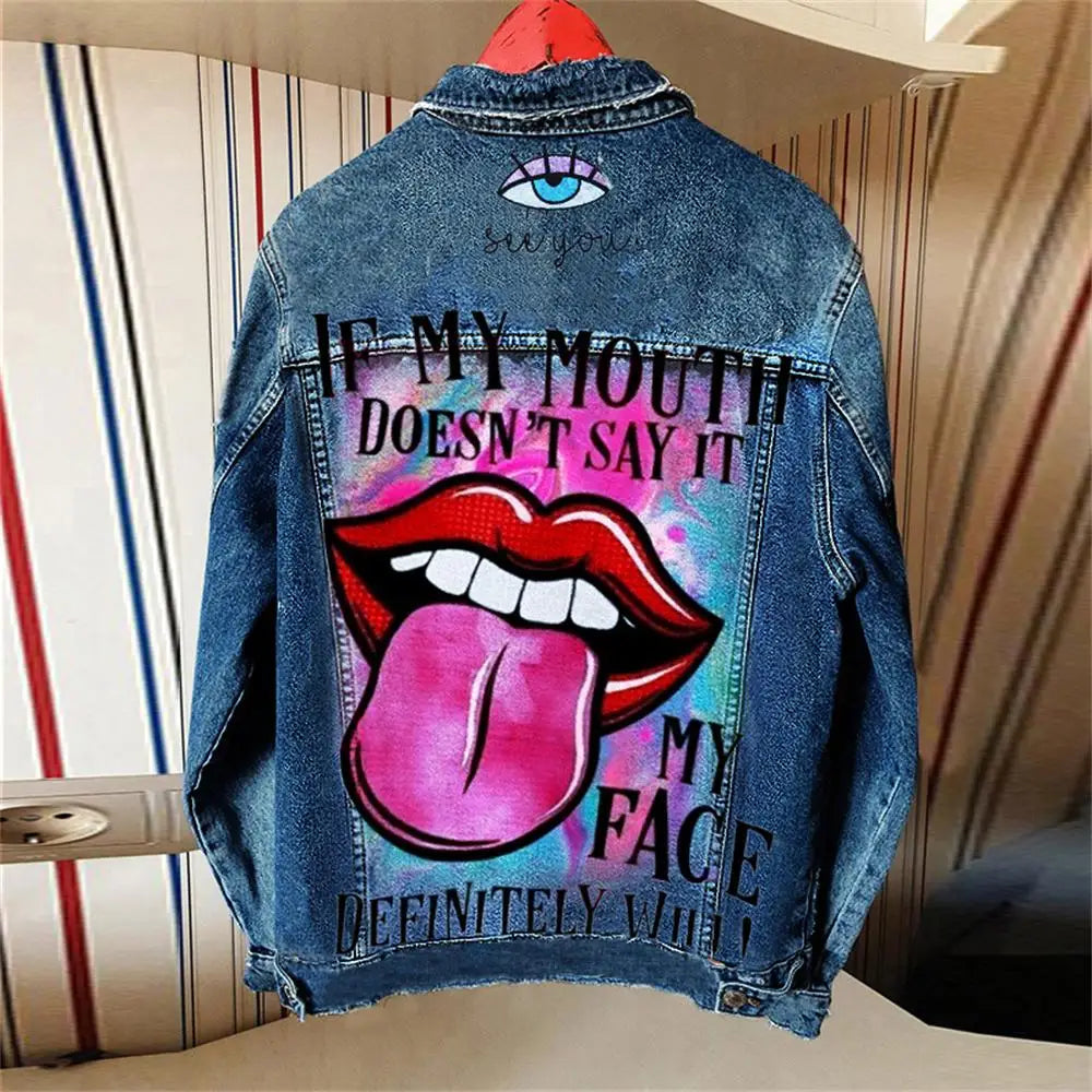 Playful Denim Jacket with Tongue Out Print
