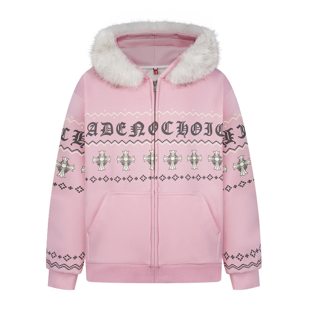 Sanskrit Cross Print Fur Collar Hooded Jacket with Fleece