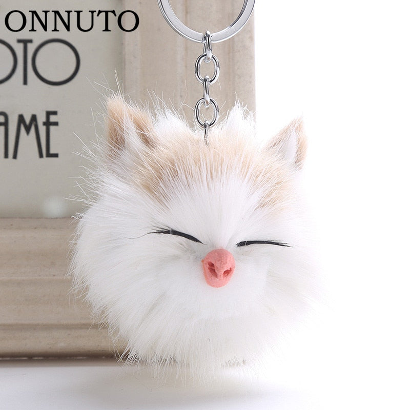 Cute Sleeping Smile Cat Pompom Keychain Keyring Top Quality Charm Fur Ball Pendants Car Key Chain Accessories Jewelry