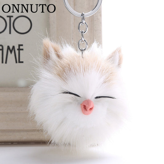 Cute Sleeping Smile Cat Pompom Keychain Keyring Top Quality Charm Fur Ball Pendants Car Key Chain Accessories Jewelry