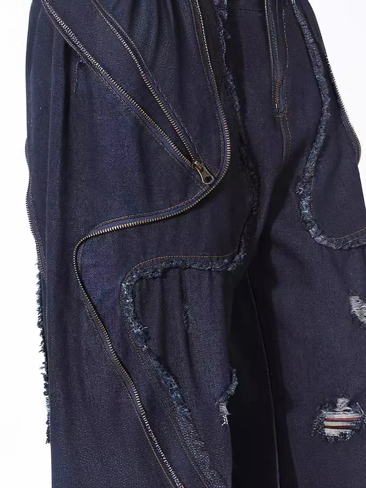 Playful High Waist Navy Blue Wide Leg Jeans with Zipper Pockets
