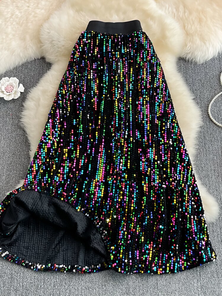 Harajuku Style Sequins Midi Skirt - Elegant A-Line Design