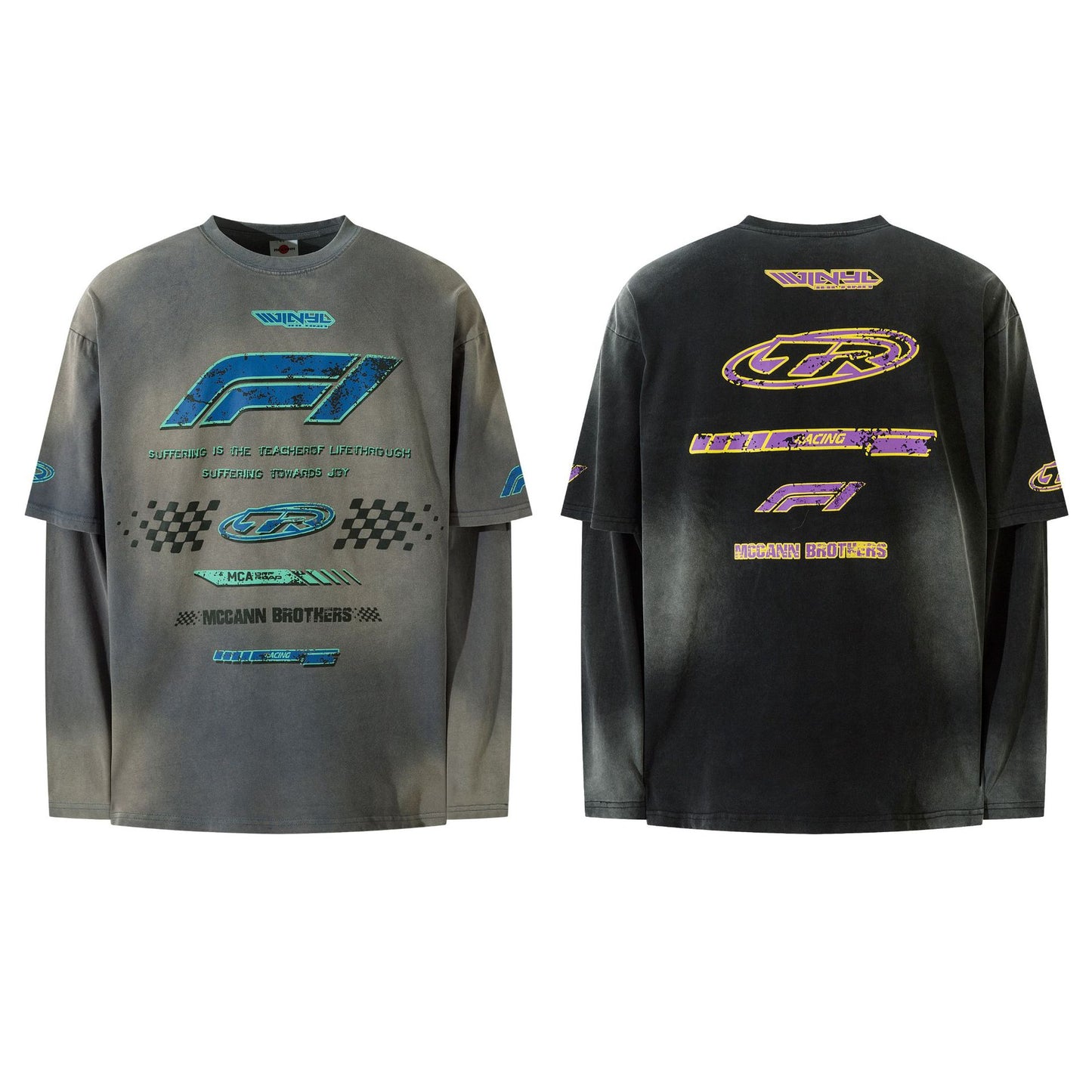 Fake Two Water Washed Spray Horse Willow Printed Long Sleeve T-shirts