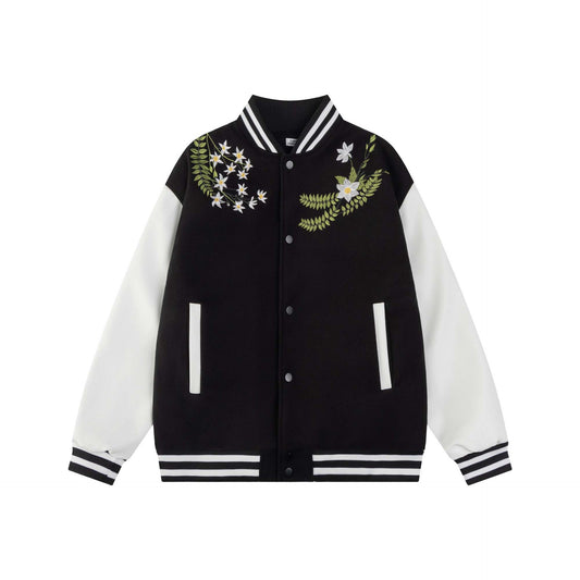 Spliced Floral Embroidered Baseball Jacket
