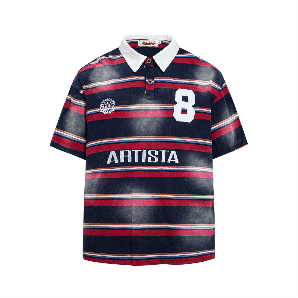 Contrast Striped Short-Sleeved Polo Shirt — Harajuku Street Style Black Cotton