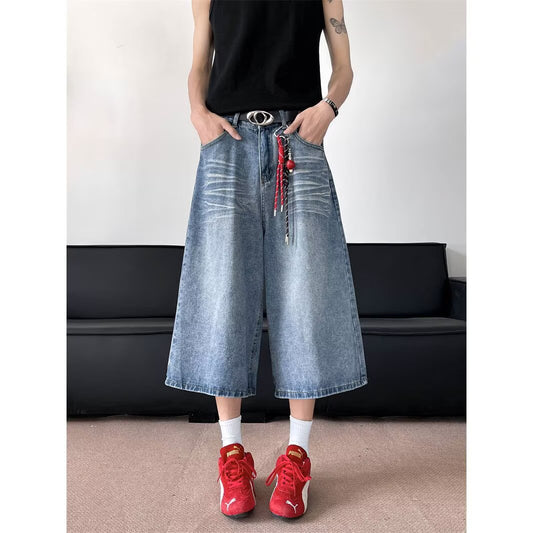 Grid Splicing Denim Wide Leg Shorts