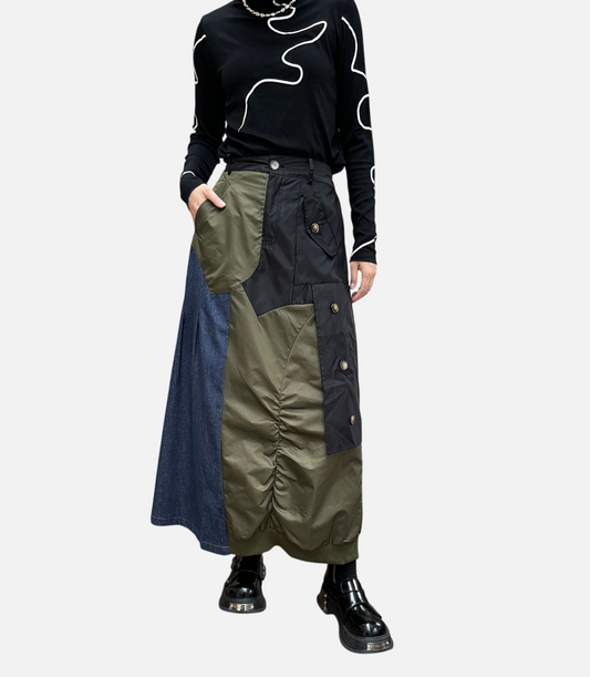 Retro Patchwork Denim High Waisted Skirt for Playful Fashion