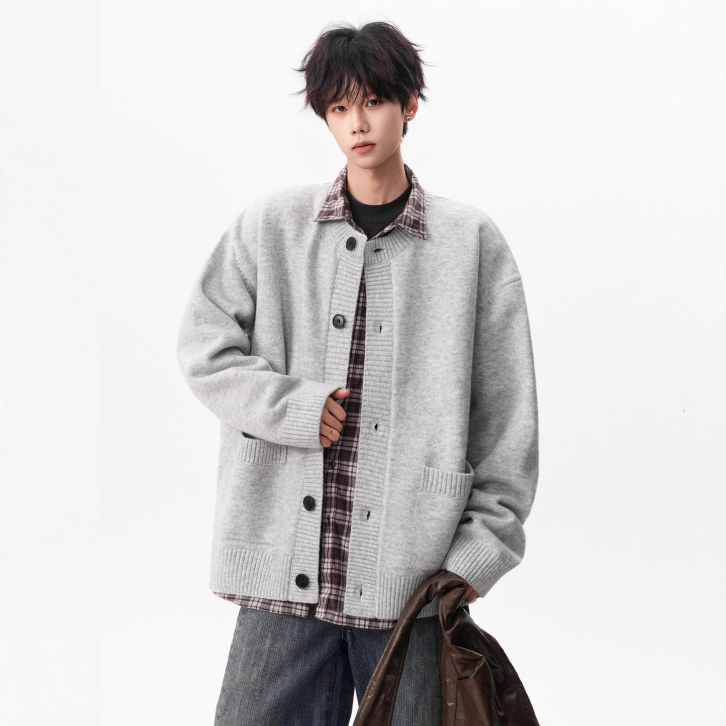 Stylish Gray Knit Sweater Coat for Men - Winter Loose Casual Versatile Cardigan