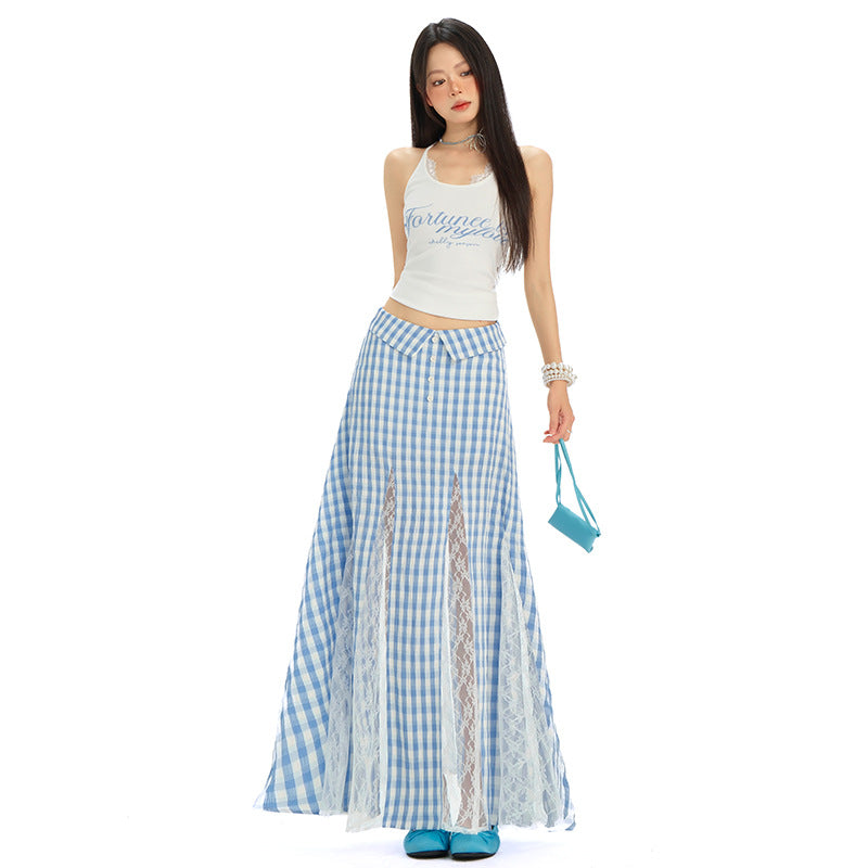 Women's Blue Plaid Summer Dress - Thin Sweet High Waist A-Line Long Skirt with Irregular Lace Detail