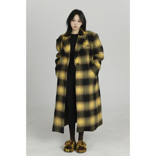 Chic Yellow Plaid Woolen Coat - Harajuku Style