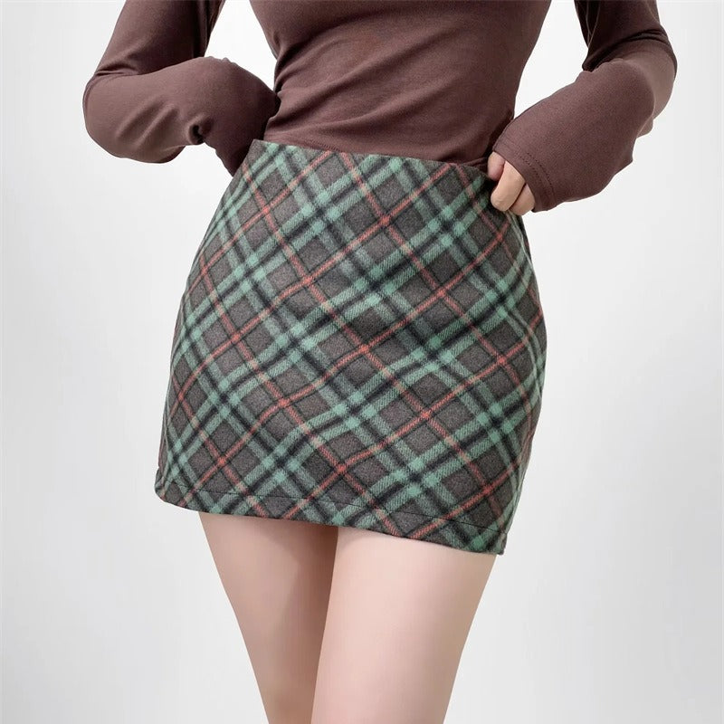 High Waisted Plaid Woolen Skirt for Women