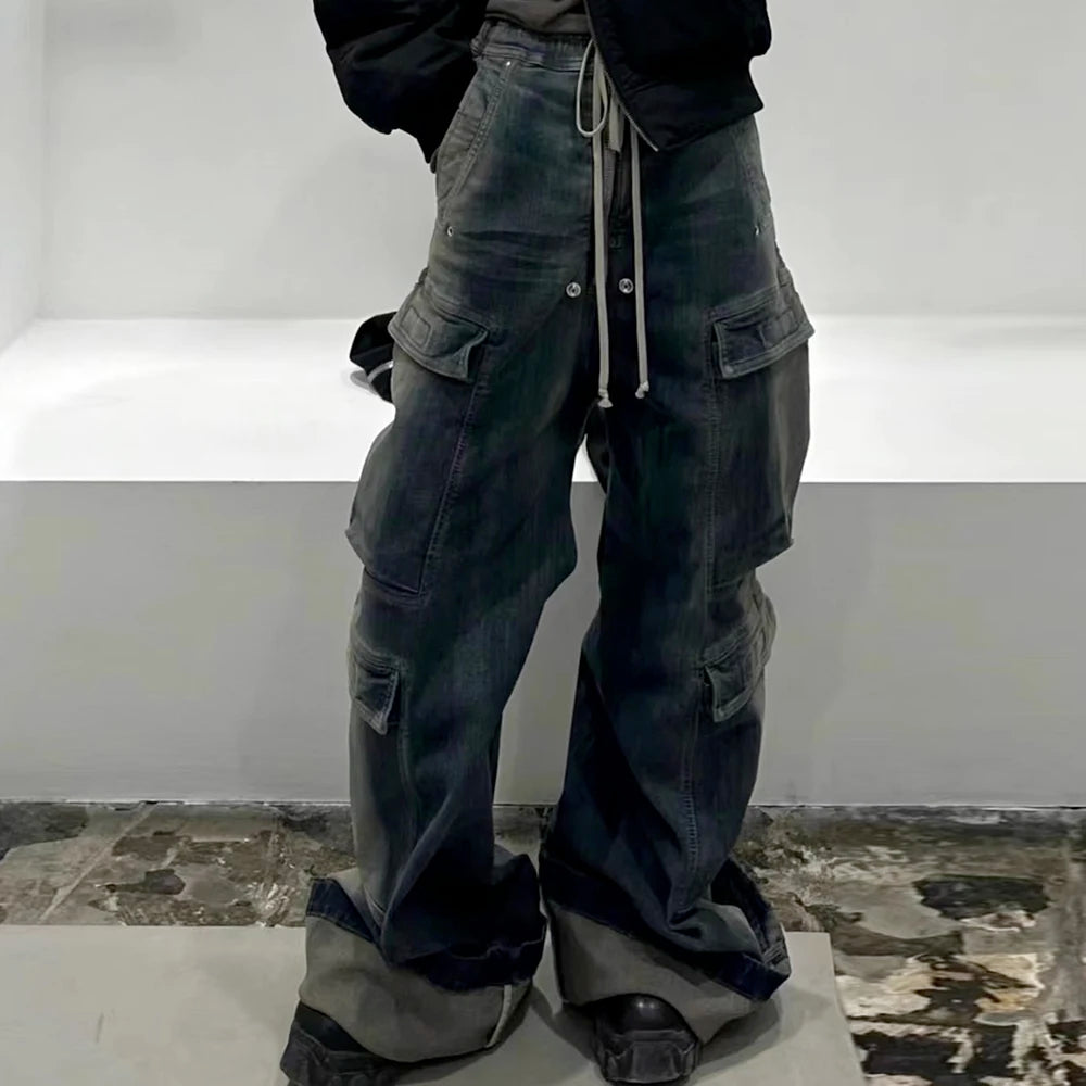 Harajuku Style Gradient Ribbons Multi-Pocket Drawstring Jeans