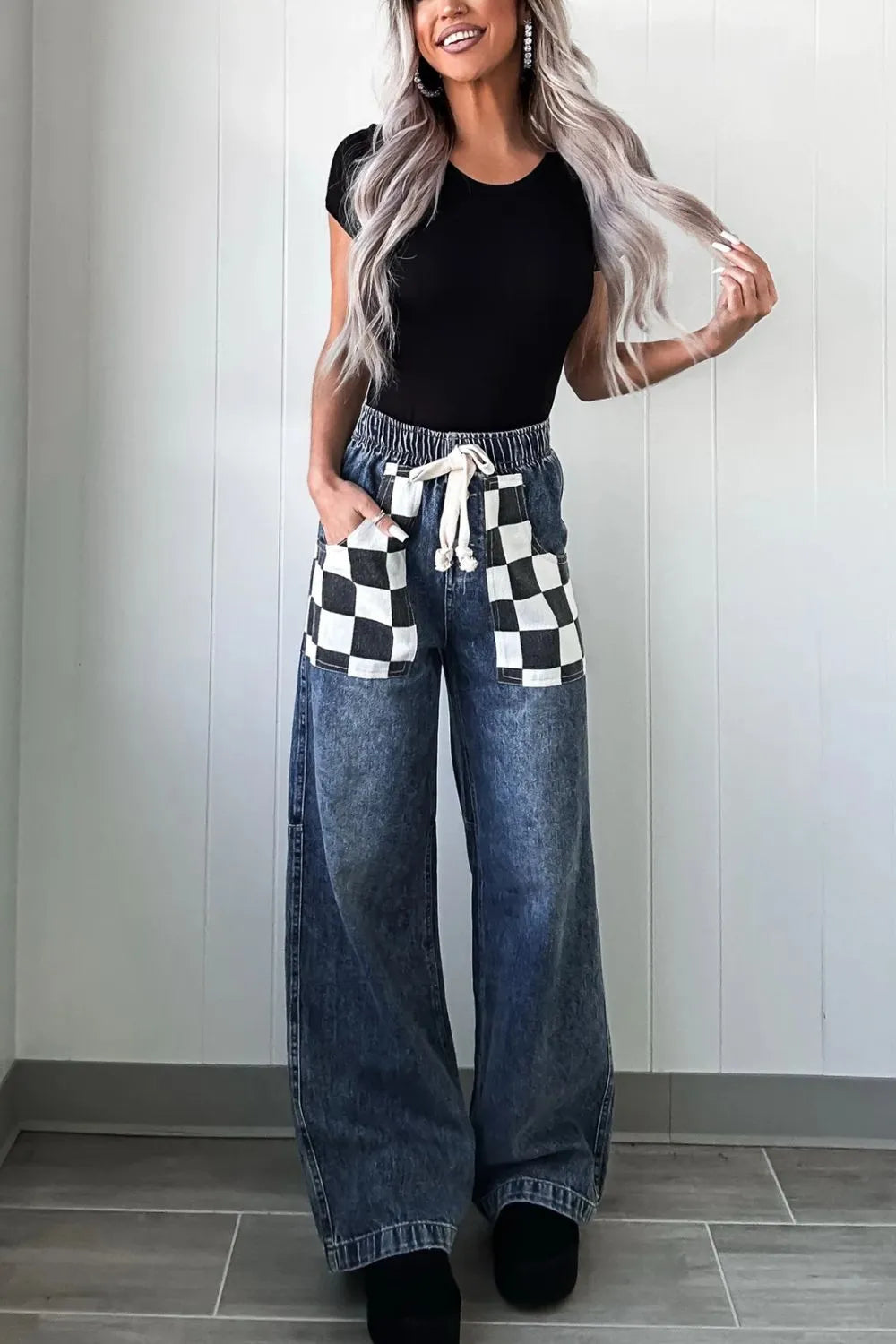 Playful Checkered Wide Leg Jeans