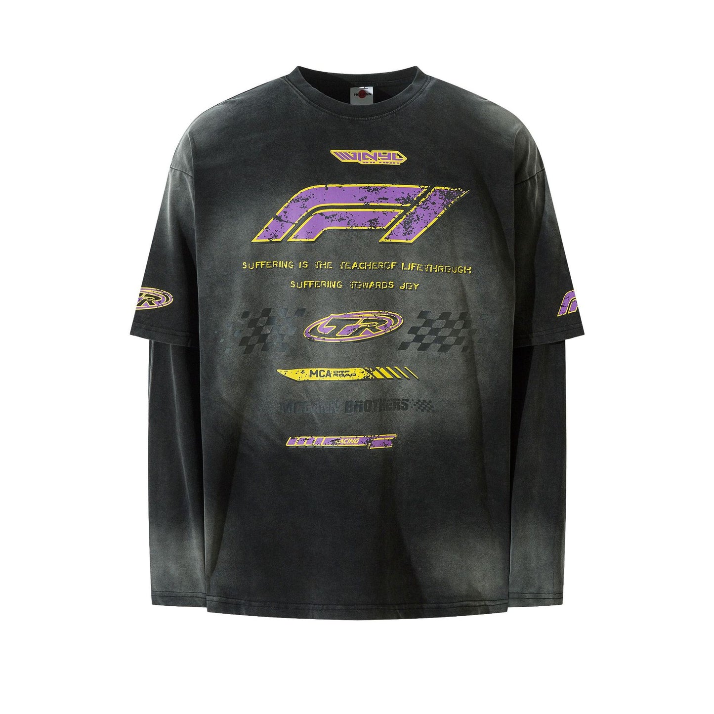 Fake Two Water Washed Spray Horse Willow Printed Long Sleeve T-shirts