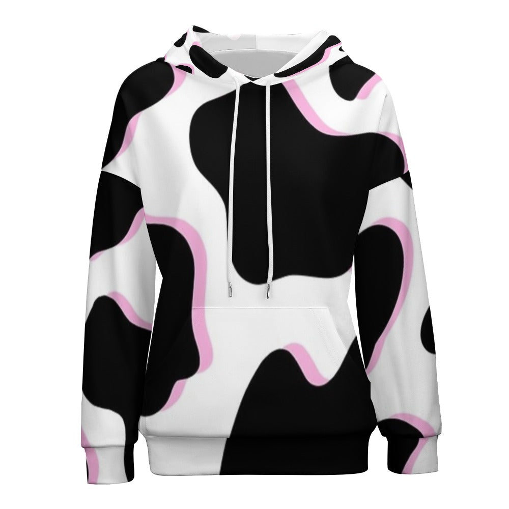 Black and Pink Cow Pattern Dropped Sleeve Hoodie