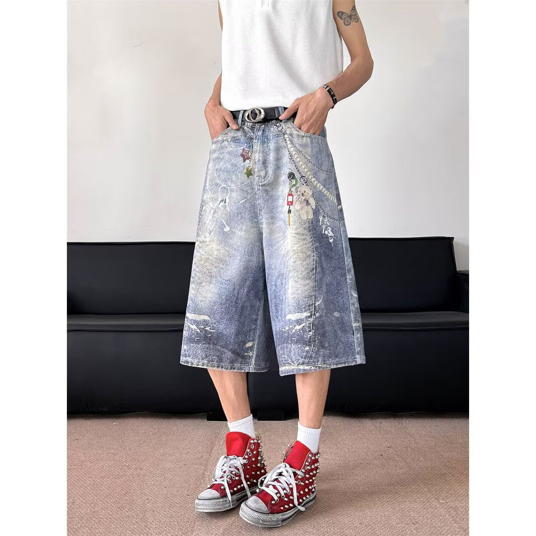 Harajuku Style Full Print Wide Leg Denim Shorts