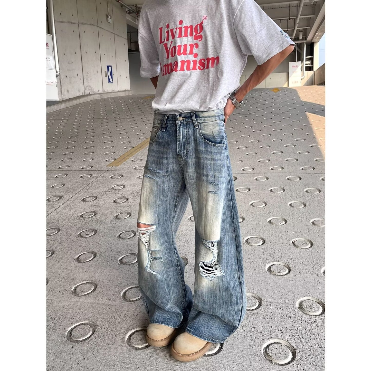 Playful Distressed Denim Wide Leg Pants