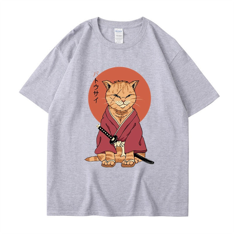 Cute Ninja Cat Print T-Shirt for Men and Women, Cool Summer Short Sleeved Round Neck T-Shirt