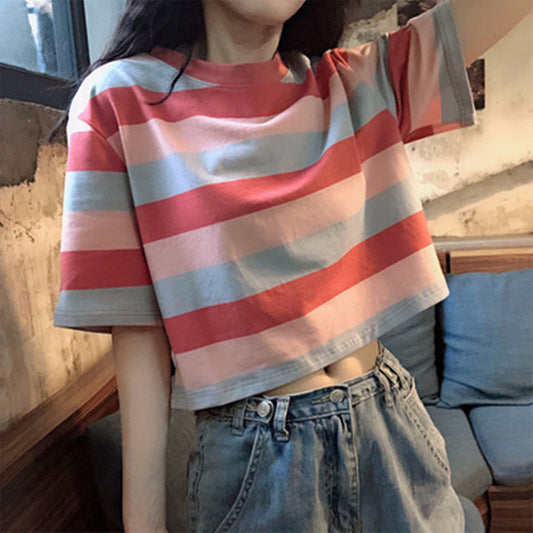 Loose Rainbow Striped Short-Sleeve T-Shirt for Female Students with Exposed Navel Top