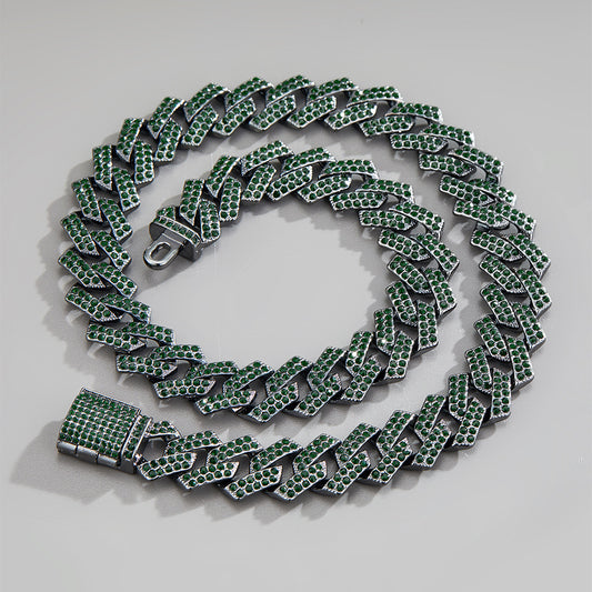 Trendy Cuban Chain Emerald Diamond Necklace for Couples