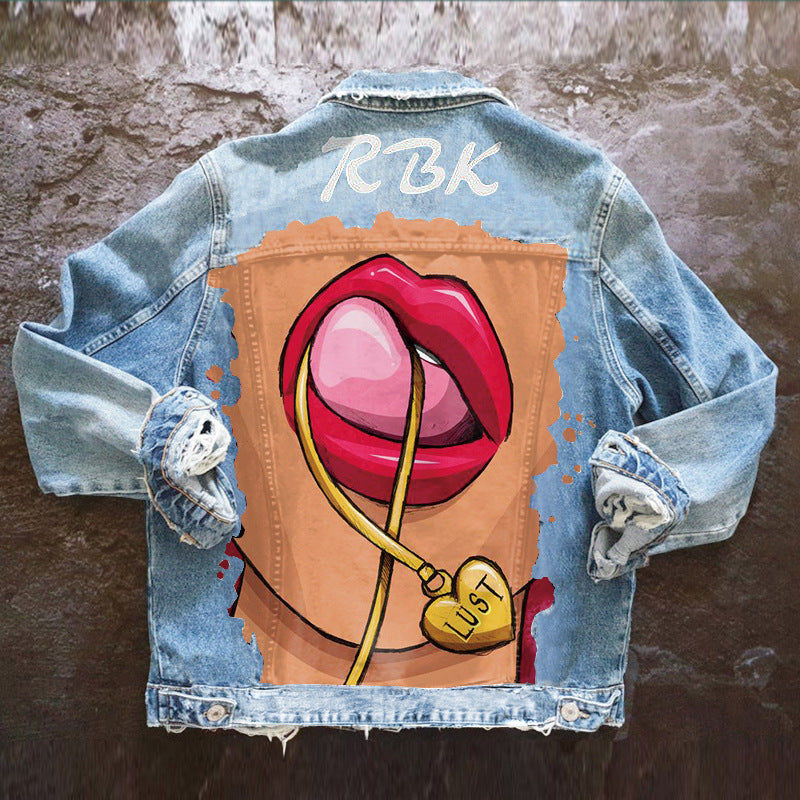 Playful Tongue-Out Print Denim Jacket