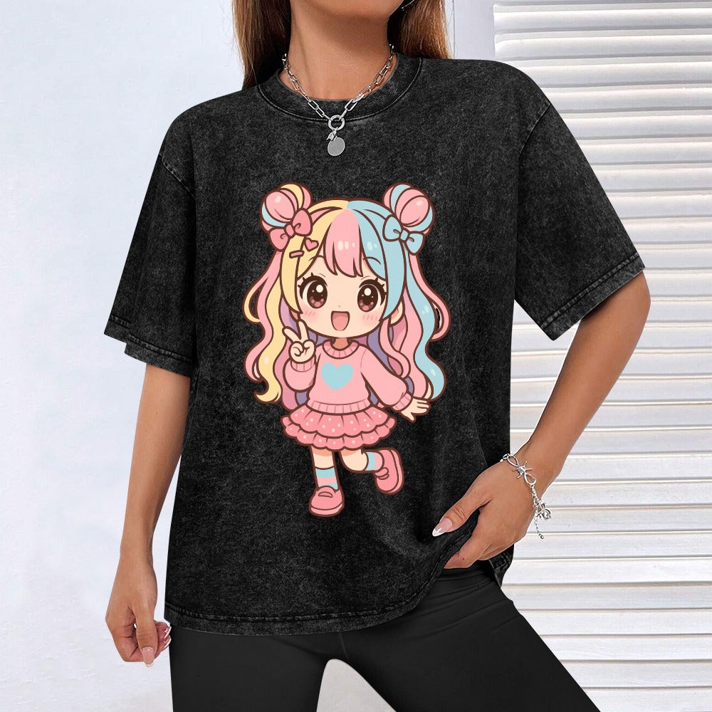 Kawaii Harajuku Girl Vintage Wash Off Shoulder Tee