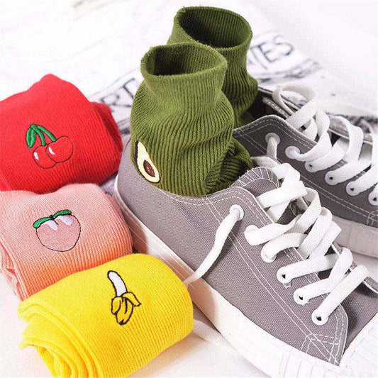 Playful Cartoon Fruit Print Socks - Avocado, Banana, Cherry, Peach