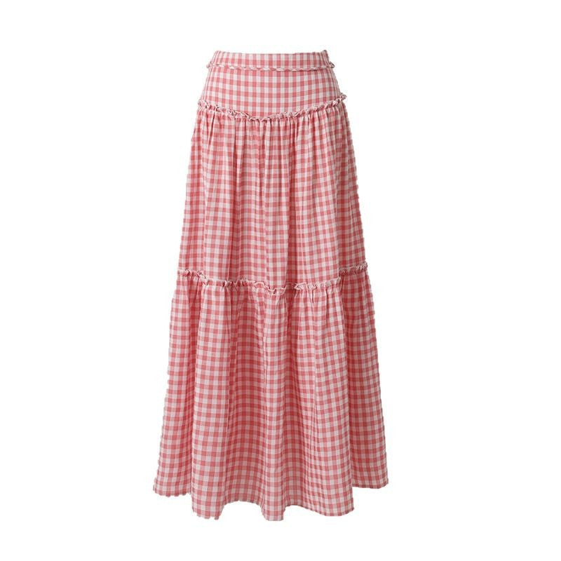 Women's Pink Plaid Flare Long Skirt - Loose A-Line Big Swing Skirt