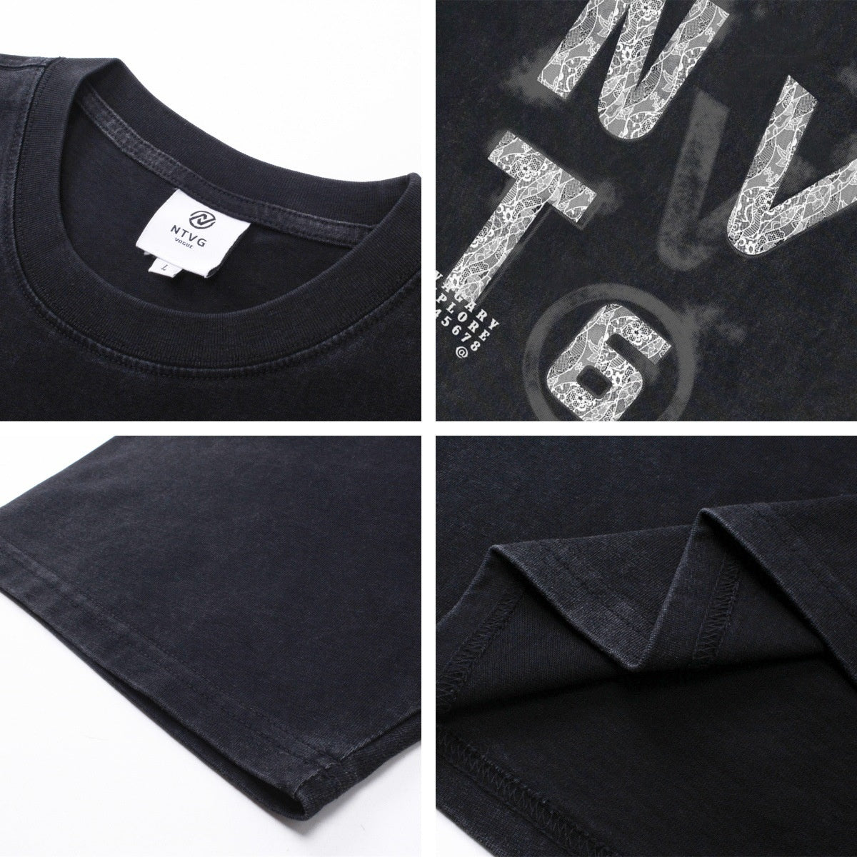 Salt-Washed Lace Letter Print T-Shirt - Unisex Summer Style