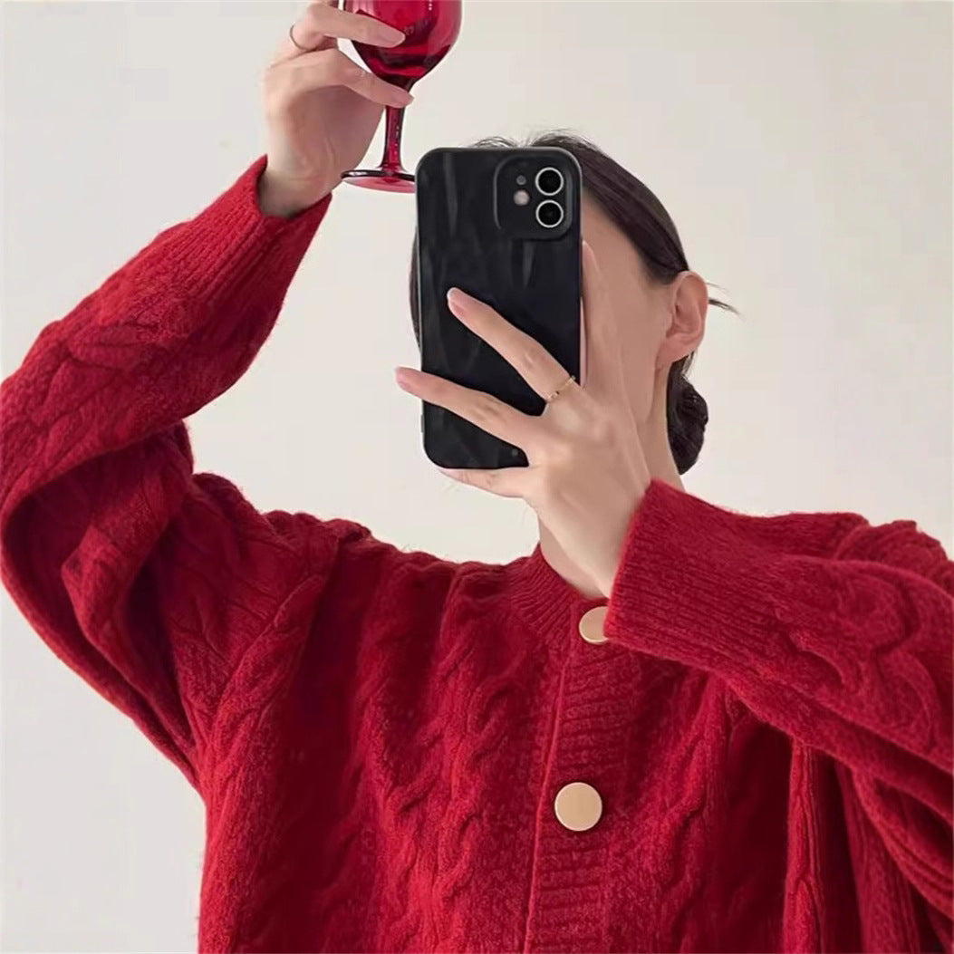 Gentle Style Short Knitted Cardigan with Cable Knit Pattern for Women – Loose Soft Round Neck Sweater Coat