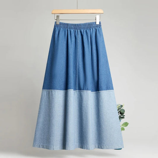 Vintage Color Block A-Line Denim Skirt for Women