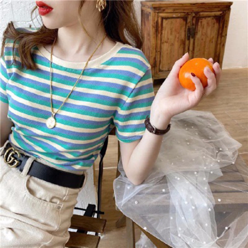 Stripe Short Sleeve T-Shirt for Women | Slim Fit Casual Tee