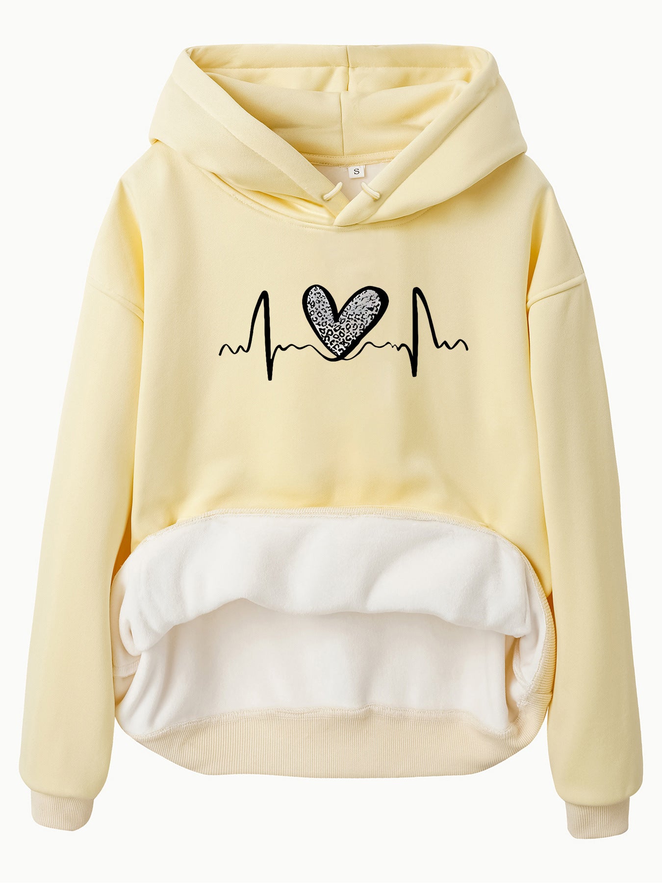Pocket Hooded Long Sleeved Fleece Sweatshirt with Leopard Print Heart Design