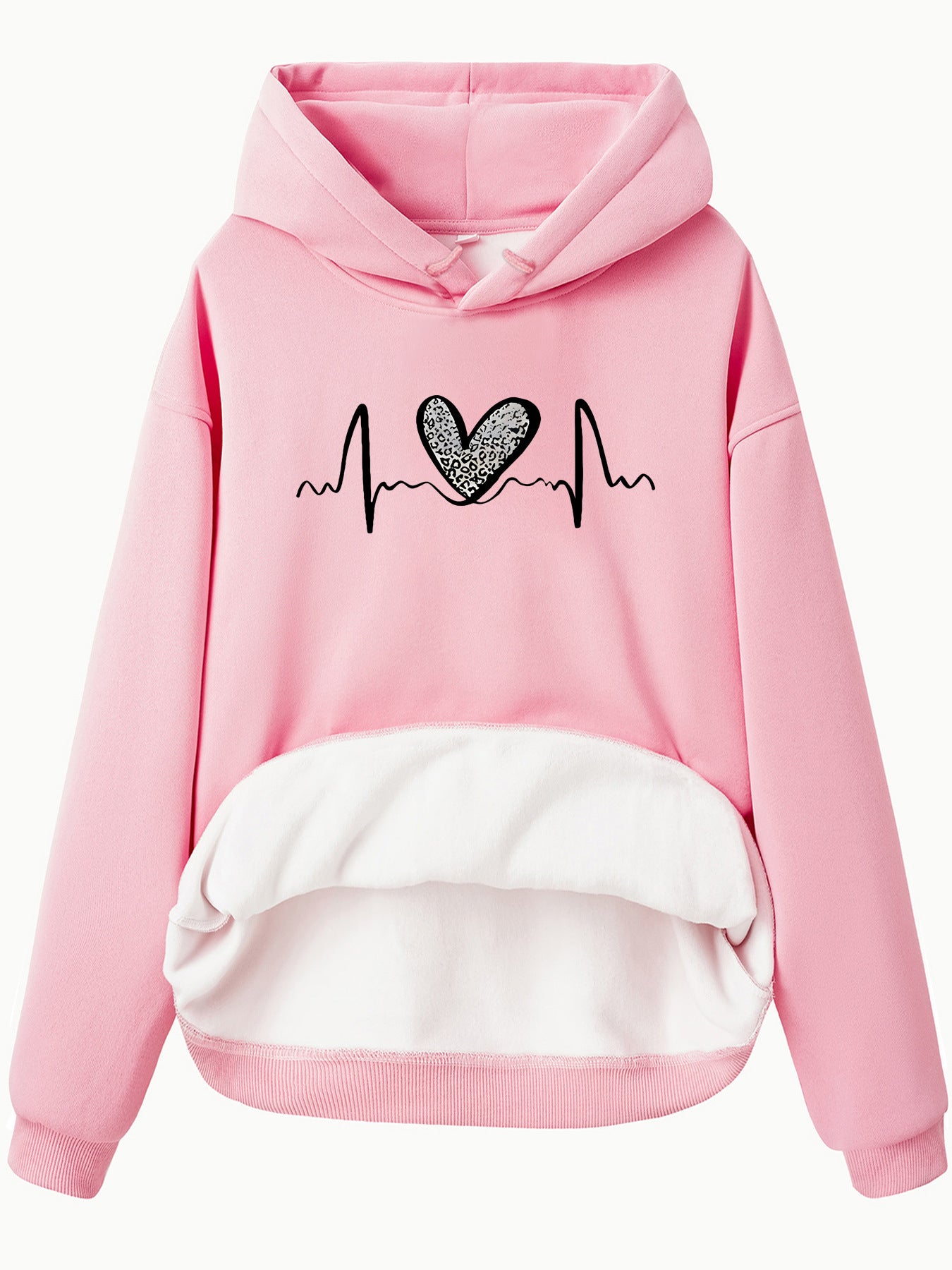 Pocket Hooded Long Sleeved Fleece Sweatshirt with Leopard Print Heart Design