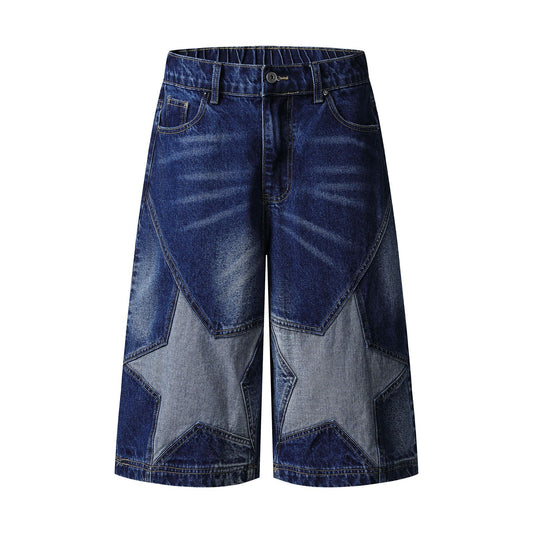 Street Washed Retro Design Star Patchwork Denim Pants