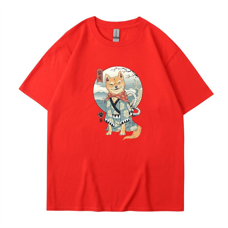 Chai Gou Ukiyo-e Style Shibu Inu Round Neck Short Sleeved Casual Top for Men