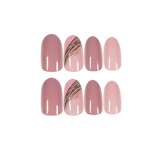 Almond Slant Gold Line Lotus Pink Fake Nails
