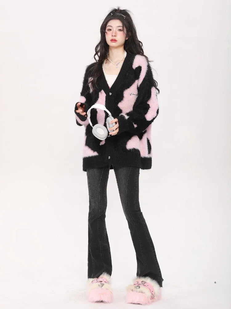 Deeptown Y2K Harajuku Pink Knitted Cardigan