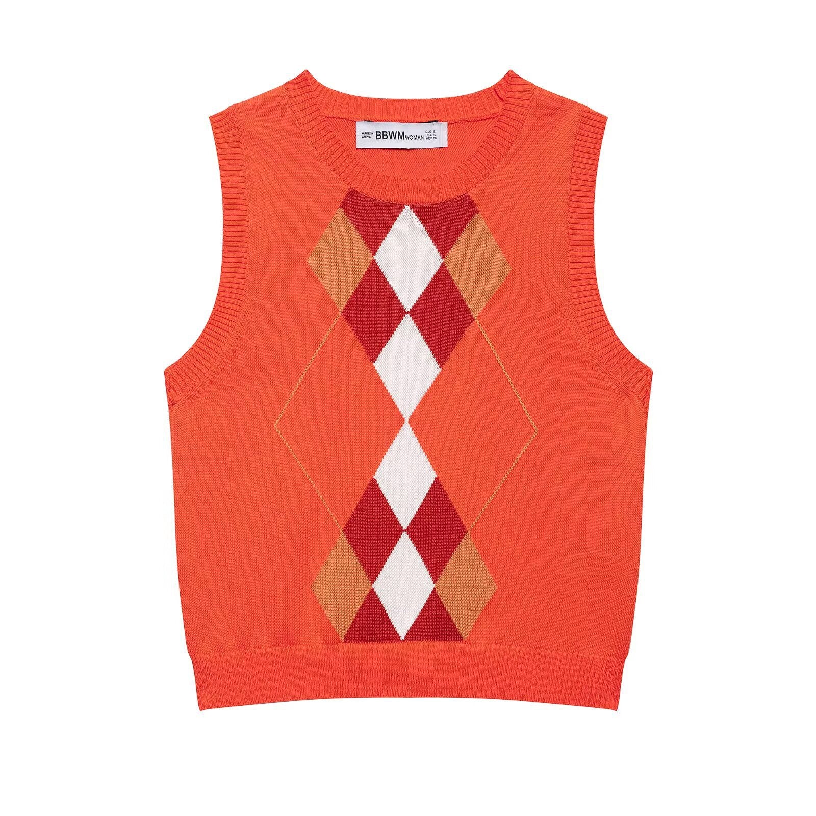 Coral Plaid Sleeveless Knitted Sweater Vest for Women