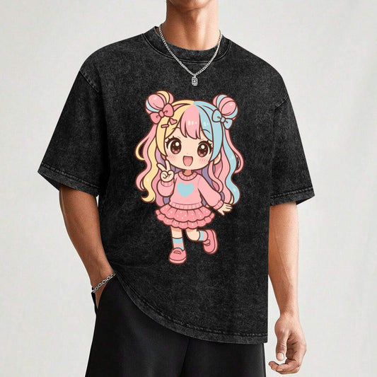 Kawaii Harajuku Girl Vintage Wash Off Shoulder Tee