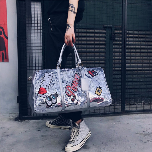 Playful Pink Sequin Duffle Bag – Trendy Travel Companion