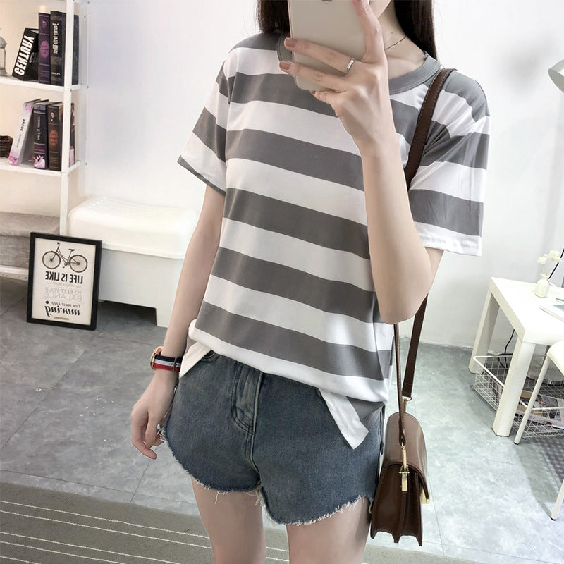 Oversized Striped Crewneck T-Shirt with Side Slit