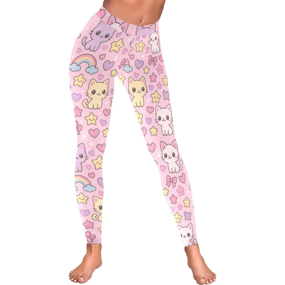 Pink Harajuku Cat Rainbow Collage Women's All-Over Low Rise Leggings