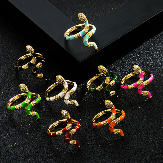 Harajuku Style Copper Gold Plated Zircon Drip Oil Snake Ring