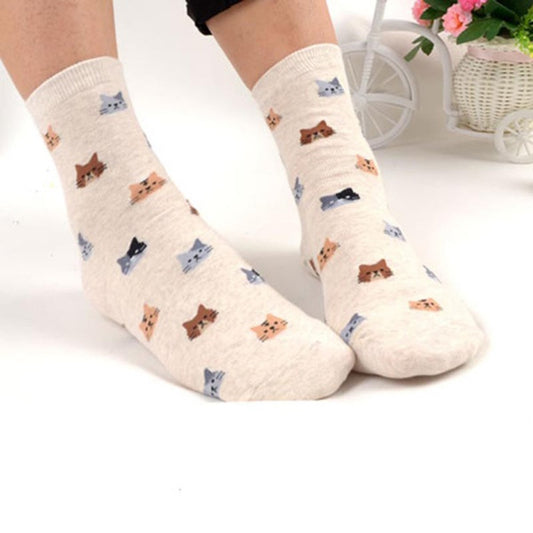 Kawaii Cartoon Cat Print Socks - Cute Cotton Socks for Women