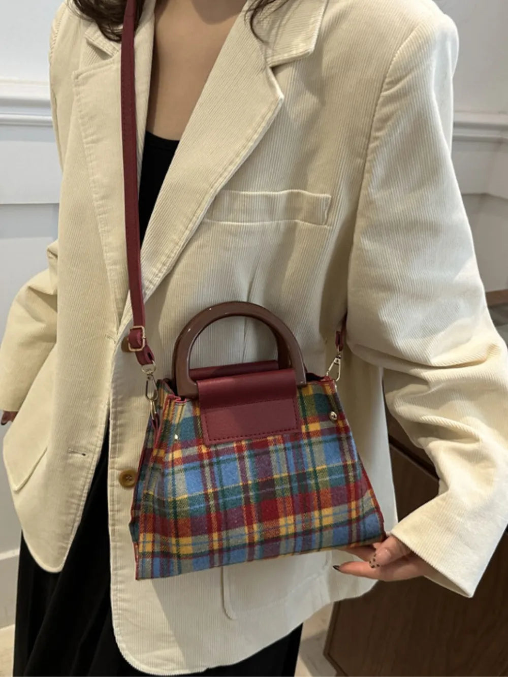 Plaid Trapezoid Crossbody Bag - Harajuku Style