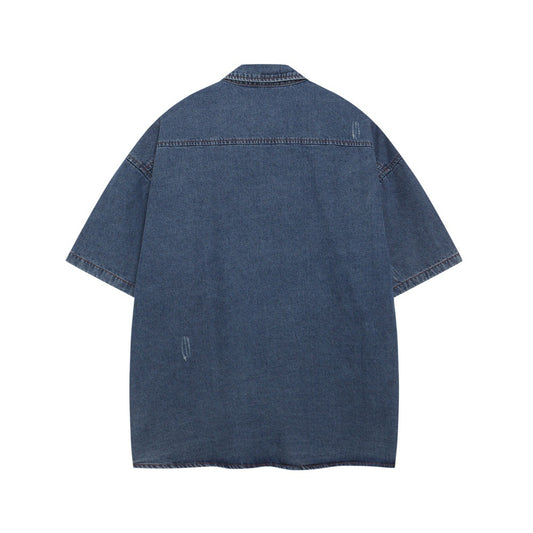 Faded Letter Print Denim Shirt - Retro Harajuku Style