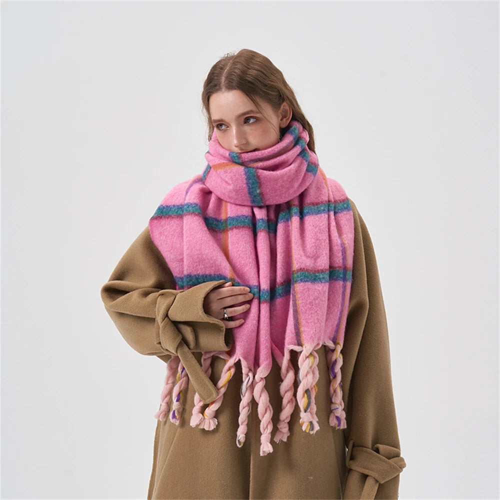 Dopamine Pink Plaid Knotted Tassel Scarf