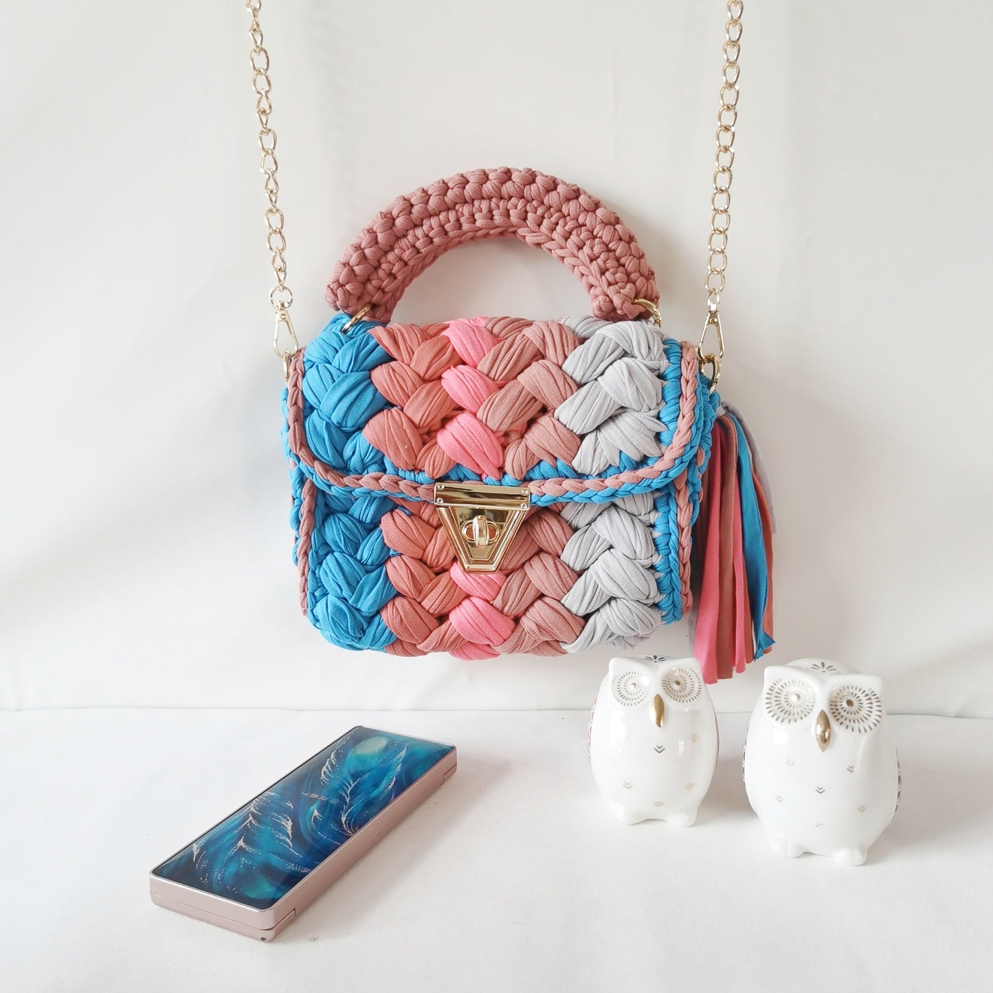 Harajuku Chic Hand-Woven Crossbody Bag with Chain