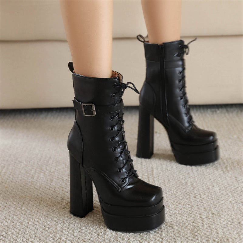 Thick Sole Square Toe Double-Layer Waterproof Platform Low Cylinder Boots